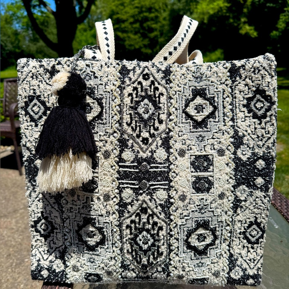 America & Beyond Black Jacquard Tote with Pearl Details
